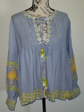Rose & Rose Boho Blue Gingham Embroidered Blouse Kimino Top Tassel Tie Front